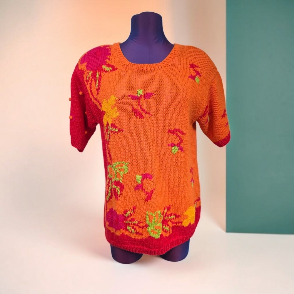 Weathervane Vintage Hand Knit Floral Ramie Cotton Short Sleeve Sweater Orange M